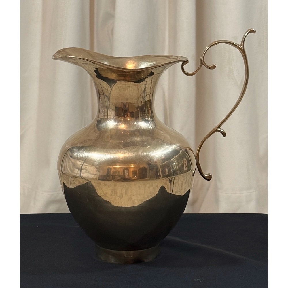 VTG 1950s Solid Brass 8.5" Tall Pitcher Jug Vase Curved Handle